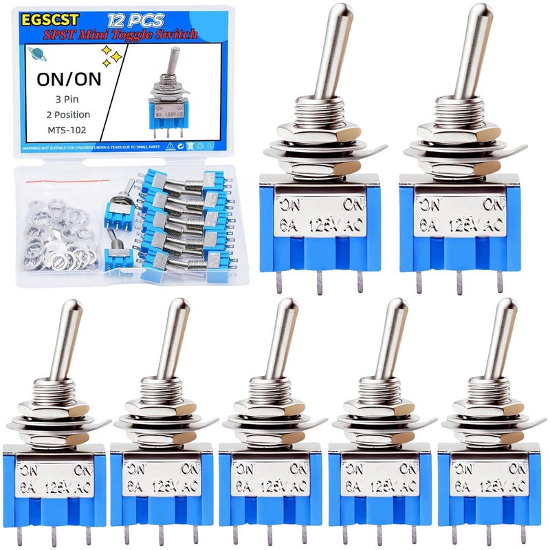 EGSCST 12PCS Mini Toggle Switch SPST 6A 125V Miniature ON/ON 3 Pin 2 Position Micro Rocker Switches 6 Amp 125 Volt MTS-102 - Image 1